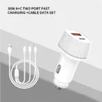 Car Charger with USB-A/USB C,Lighting Cable 3in1 (White-3ft) (38W) - Image 2